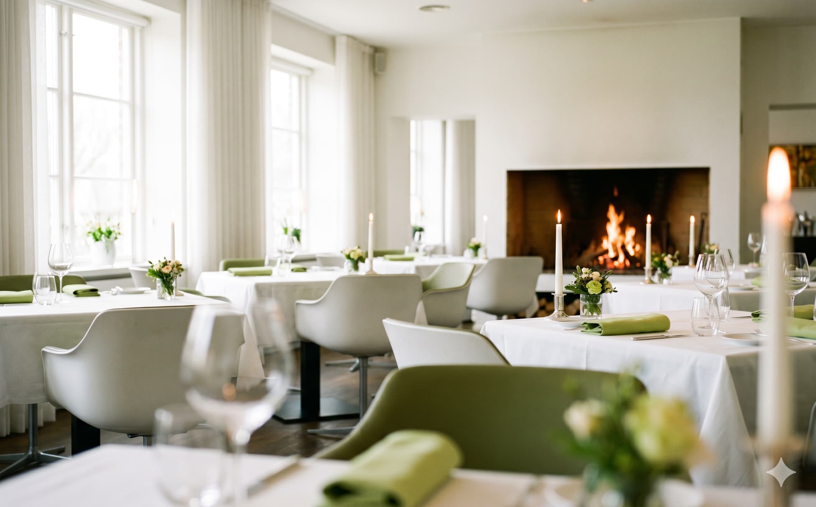 Restaurant dining room with an open hearth fire
