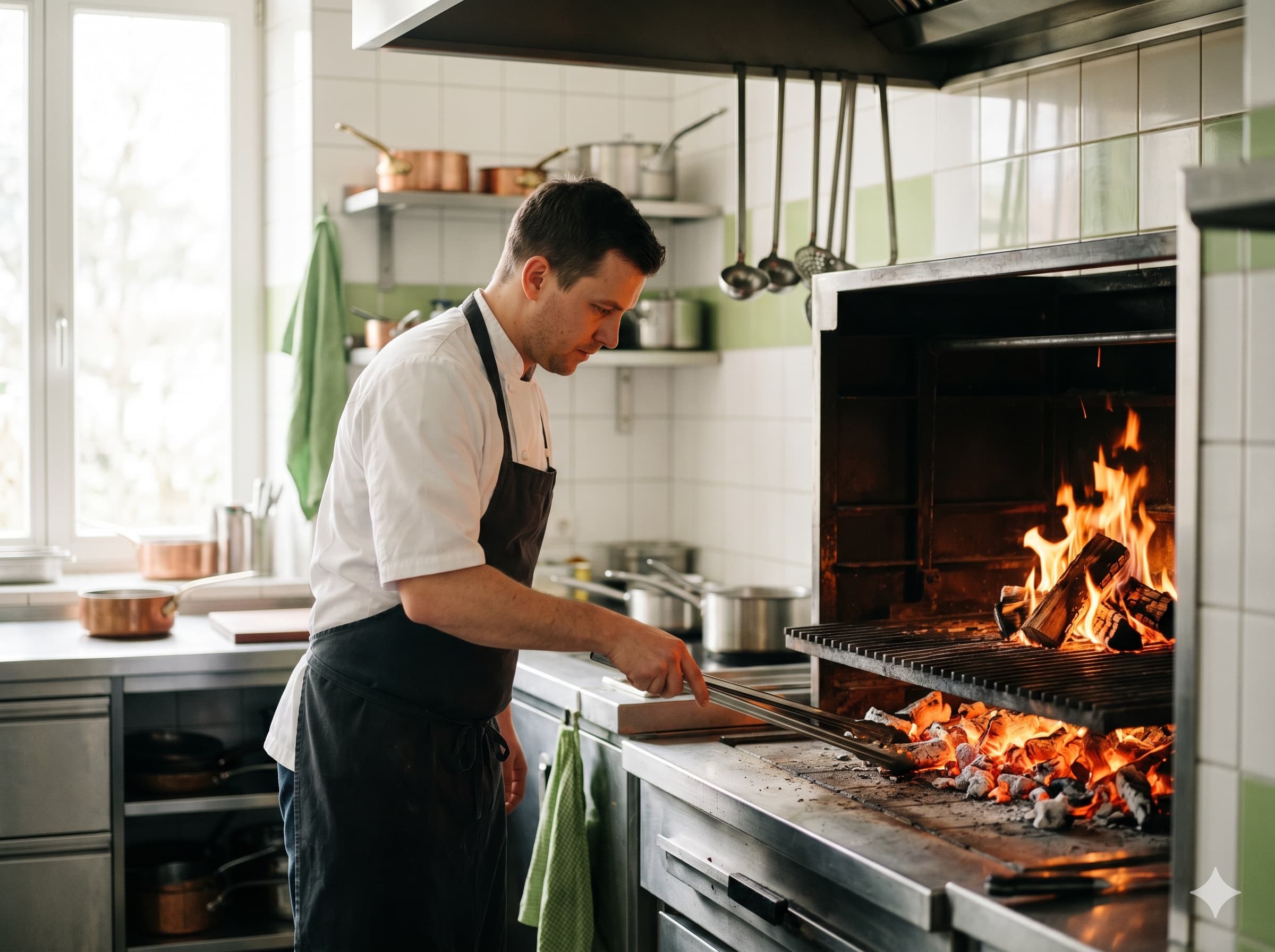 Chef tending the wood-fired hearth