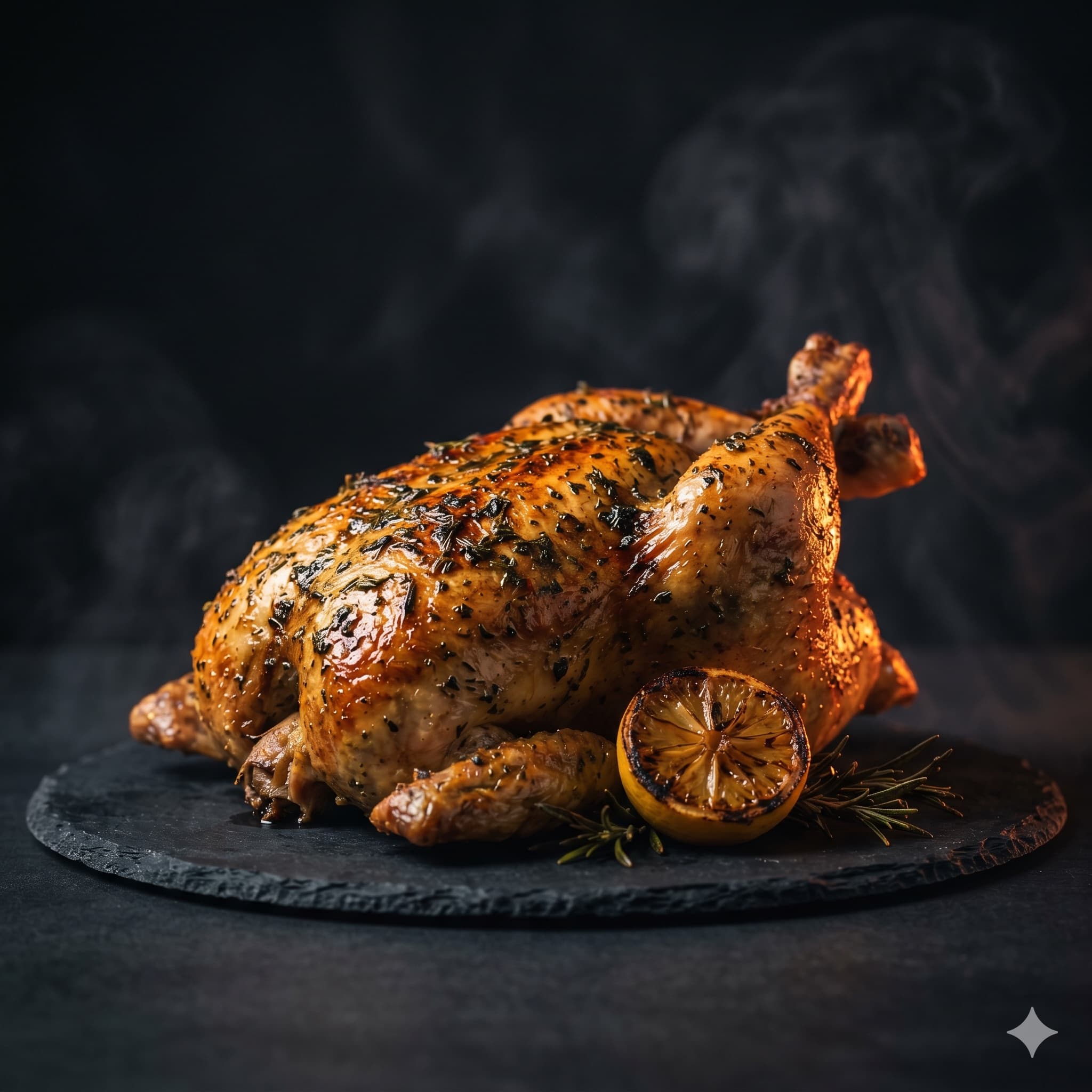Wood-fired roasted chicken with herbs and charred lemon